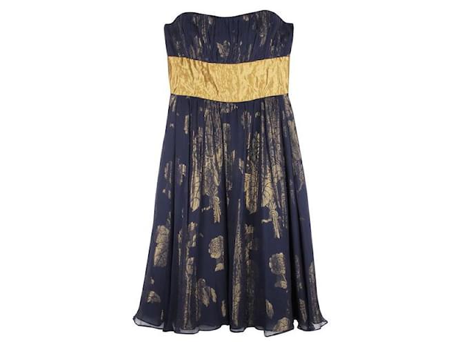 Autre Marque CONTEMPORARY DESIGNER Gold and Navy Blue Strapless Cocktail Dress Silk Acetate  ref.1287713