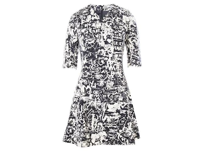 Autre Marque CONTEMPORARY DESIGNER Black and White Print Long-Sleeves Dress Wool  ref.1287899