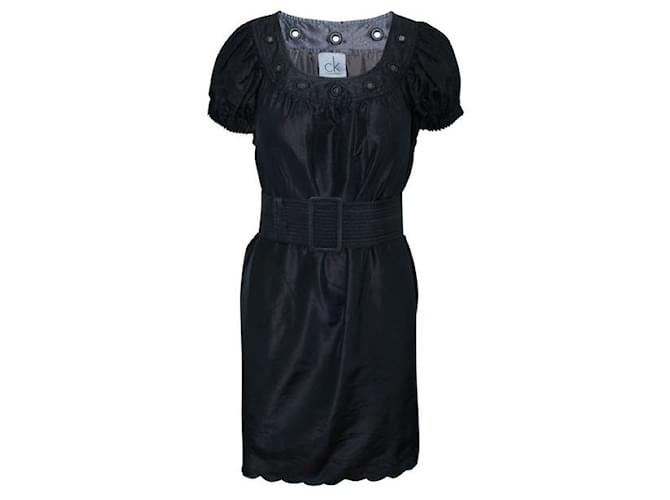 Autre Marque ZEITGENÖSSISCHES DESIGN Dunkelbraun/ Schwarzes Kleid mit Stickerei Seide  ref.1287952