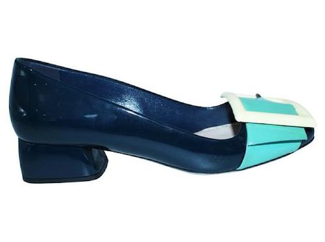 MIU MIU Patent Leather Block Heels with Yellow Buckle Navy blue  ref.1287982
