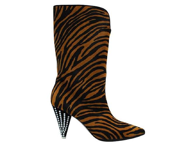 Autre Marque Contemporary Designer Brown Zebra Ponyhair Boots With Crystal Heels Leather Pony hair  ref.1288036