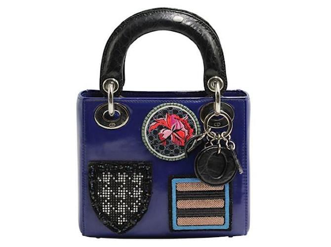 Dior Mini Lady Dior Tasche – Gestickte Abzeichen – Limited Edition Ss2014 Blau Leder  ref.1288103