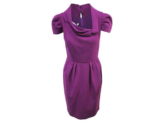 Oscar De La Renta Purple Pleated Short Sleeve Midi Dress Silk  ref.1288112