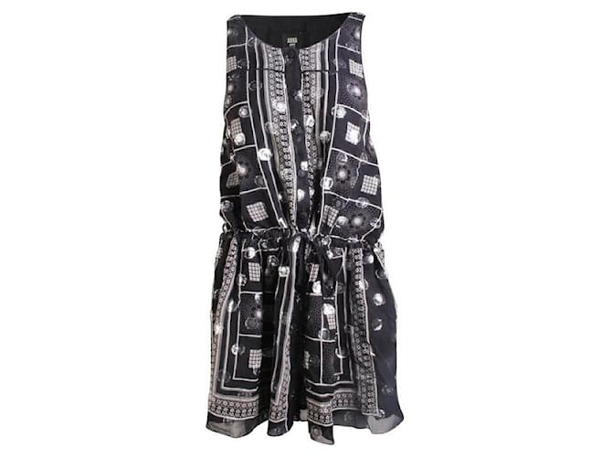ANNA SUI Silver Printed Button Up Dress Black Silk Polyester Acetate  ref.1288166