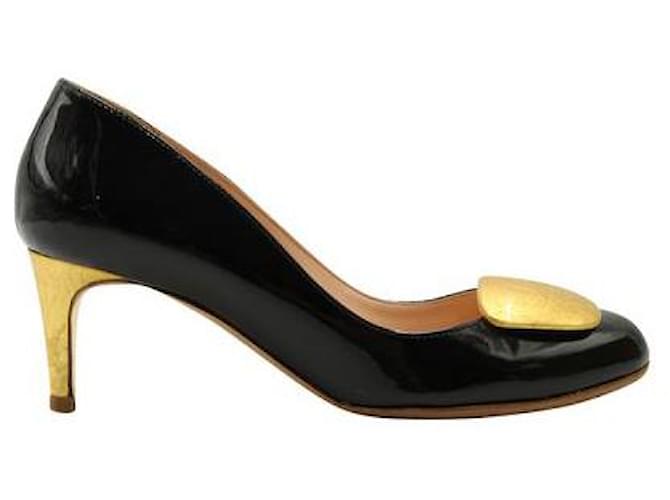 Rupert Sanderson Black Patent Leather Round Toe Low Heels Golden  ref.1288210