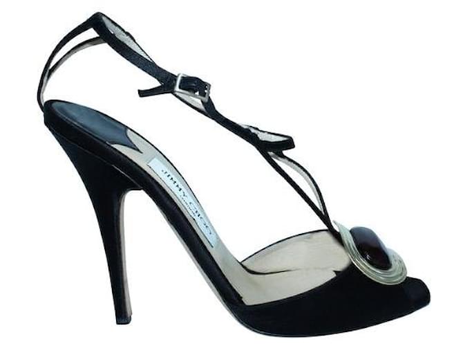 Jimmy Choo Black Satin Heels with Crystal Accent Leather  ref.1288217