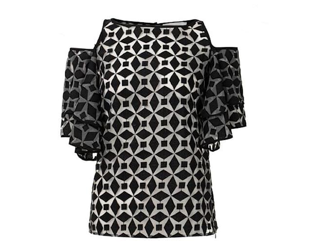 Autre Marque Contemporary Designer Geometric Devore Patterned Blouse Black Cotton Polyester  ref.1288258
