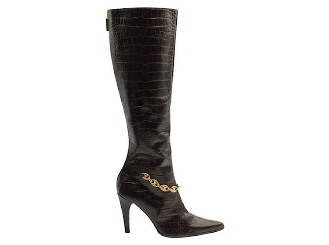 Céline Celine Brown Croc Embossed Leather Boots with Gold Chain  ref.1288269