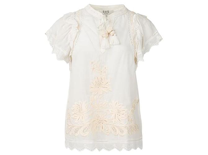 Roseanna Sea Embroidery Bohemian Top White Cotton  ref.1288287