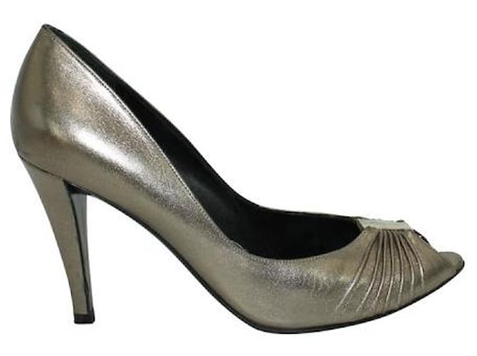 Salvatore Ferragamo Golden Peep-Toe Heels Leather  ref.1288330