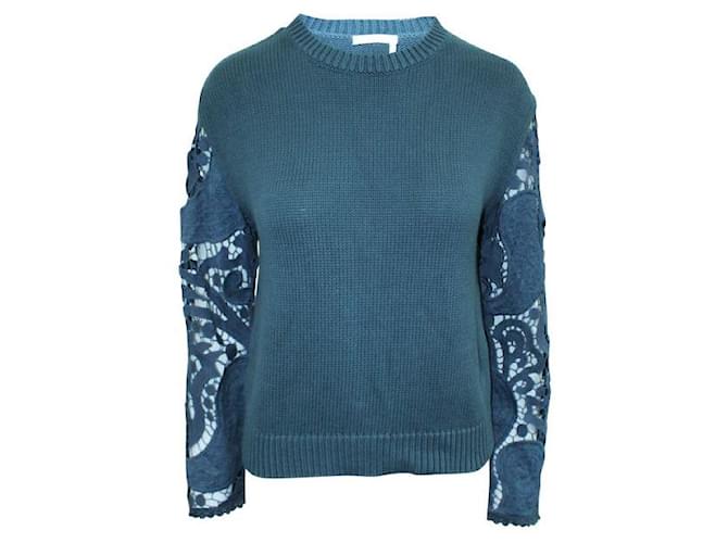 Autre Marque CONTEMPORARY DESIGNER Sea Blue Knitted Sweater with Embroidered Sleeves Cotton  ref.1288368
