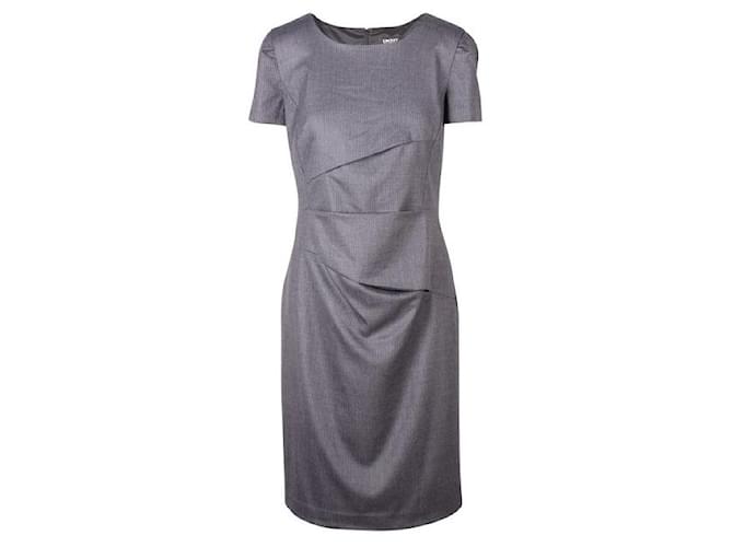DONNA KARAN Grey Wool Pleated Round Neck Sleeved Dress  ref.1288423