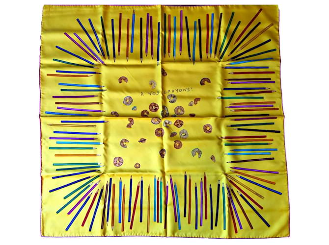 Hermès Lenço de seda "A vos crayons" Amarelo  ref.1288425