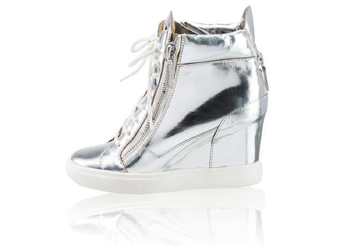 GIUSEPPE ZANOTTI – Sneaker mit Keilabsatz in Metallic-Silber Leder  ref.1288631