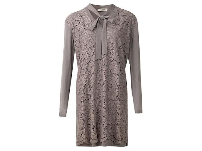 Valentino Grey Pussy Bow Lace Sweater Dres Cotton Wool Viscose  ref.1288697