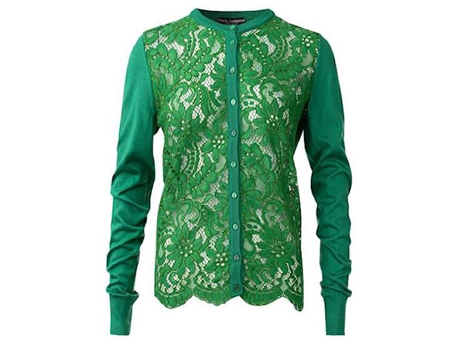 Dolce & Gabbana Cardigã de renda verde Seda Algodão Viscose Nylon  ref.1288701