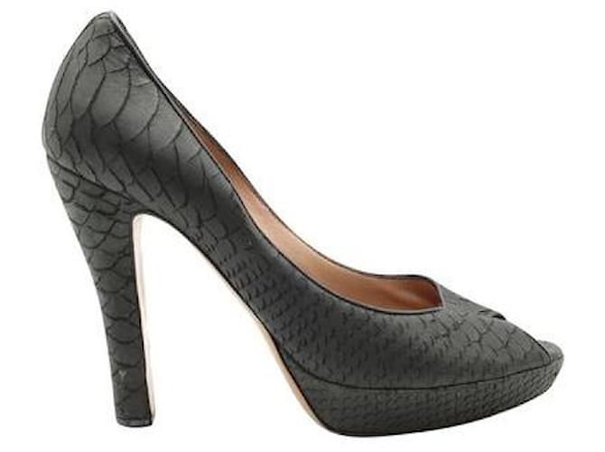 Autre Marque Contemporary Designer Dark Grey Snakeskin Embossed Peep-Toe Heels Leather  ref.1288839