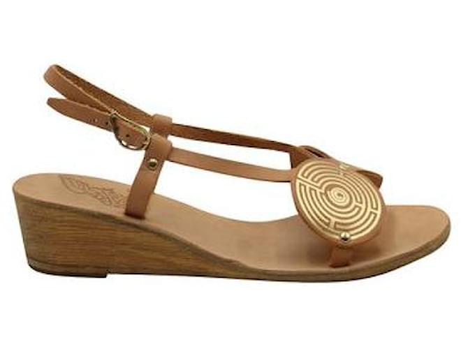 Autre Marque Contemporary Designer Beige & Gold Wedge Sandals Leather  ref.1288867