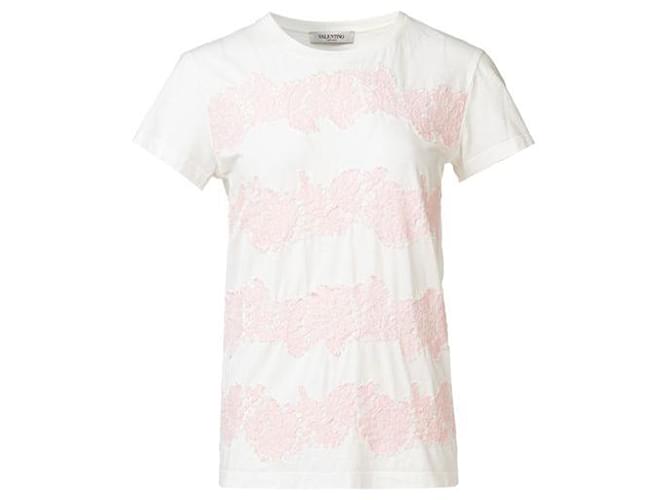 Valentino Pink Lace-Trimmed Cotton T-Shirt White  ref.1288992