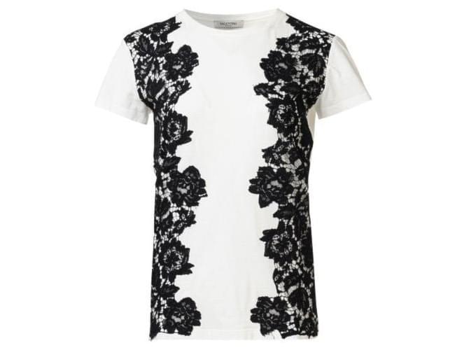 Camiseta de algodão preta com acabamento de renda Valentino Branco  ref.1288993