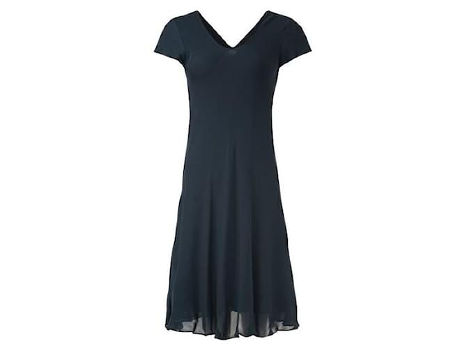 Autre Marque Contemporary Designer V Neck Frill Dress Black Silk Cotton Polyester Elastane Acetate  ref.1289015