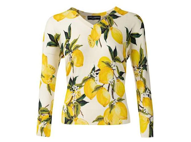 Suéter Dolce & Gabbana Cream Lemon Print Cashmere e seda com decote em V Amarelo Casimira  ref.1289052