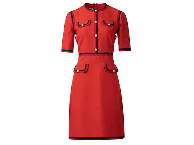 Gucci Mini-robe bordée de ruban gros-grain Soie Coton Laine Viscose Rouge  ref.1289055