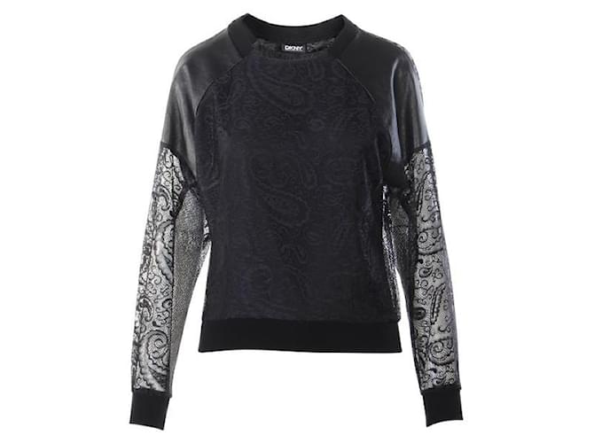Autre Marque CONTEMPORARY DESIGNER Black Laced and leather Long sleeves top Wool Elastane Nylon  ref.1289160