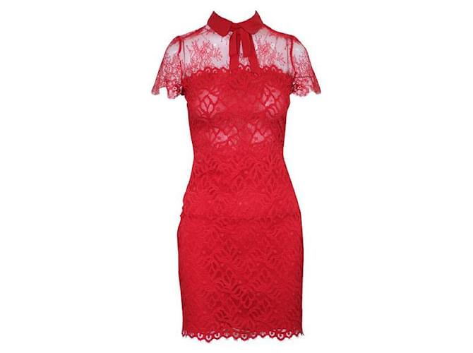 SANDRO Red Lace Dress with Bow Polyester Elastane Nylon  ref.1289169