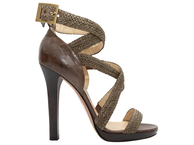 Brown Jimmy Choo Woven Heeled Sandals Size 39.5 Leather  ref.1290738