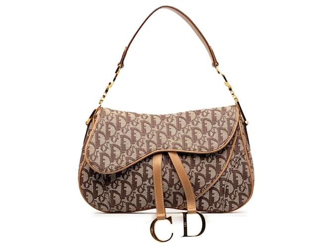 Brown Dior Oblique lined Saddle Shoulder Bag Leather  ref.1290779