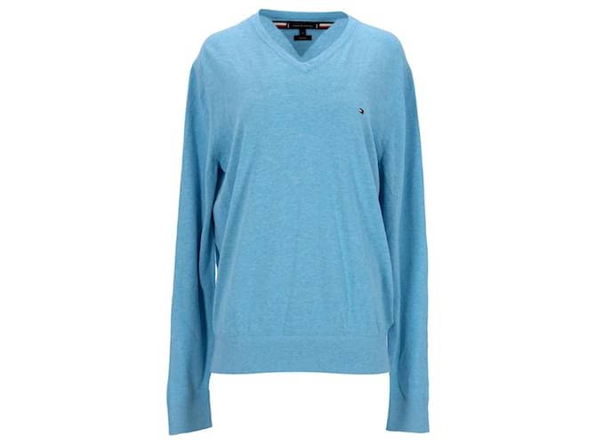 Tommy Hilfiger Suéter masculino de algodão orgânico e seda com decote em V Azul Azul claro  ref.1290990