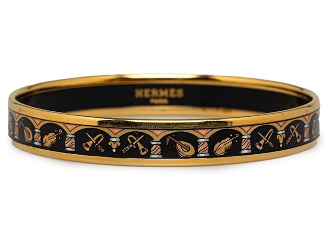 Hermès Pulseira Hermes Preta Esmaltada Estreita Preto Dourado Metal Banhado a ouro Esmalte  ref.1291429