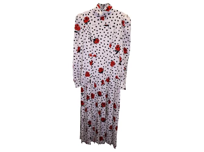 Alessandra Rich High-Neck Rose & Polka-Dot Print Dress in White Silk  ref.1291499