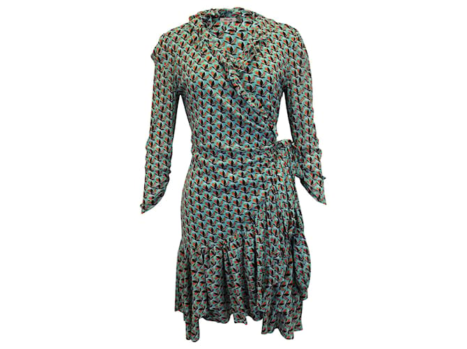 Diane Von Furstenberg Ruffled Wrap Dress in Turquoise Silk  ref.1291540