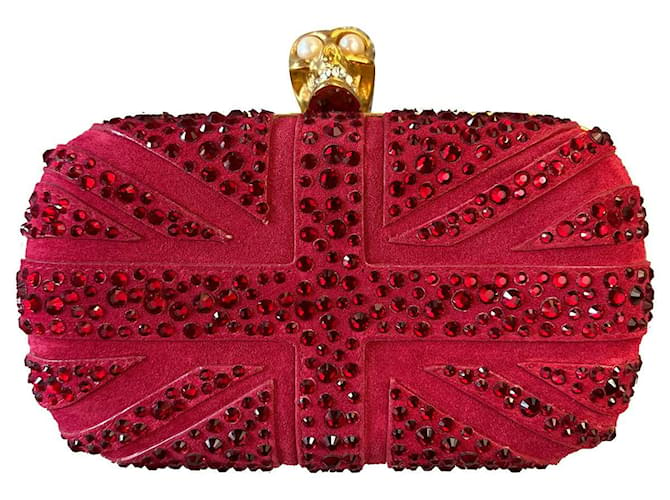 Pochette Alexander McQueen Britannia con teschio impreziosito da cristalli in pelle scamosciata rossa "Dark Cherry". Rosso Svezia  ref.1291669