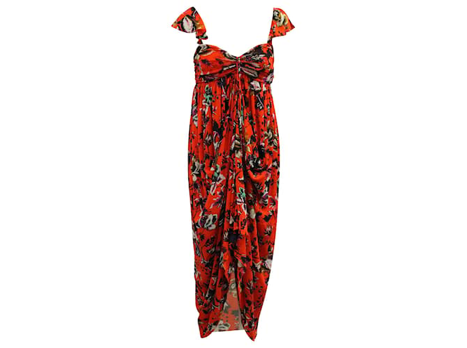 Diane Von Furstenberg Vestido floral drapeado com decote em coração em nylon laranja  ref.1291685