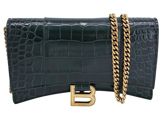 Bolso Balenciaga Hourglass Wallet-On-Chain en piel de becerro con relieve de cocodrilo verde Cuero  ref.1291696