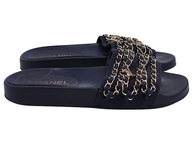 Chanel Tropiconic Chain Slide-Sandalen aus marineblauem Canvas Leinwand  ref.1291697