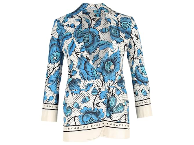 Gucci-Jacke mit Aquarellblumen aus blauer Seide  ref.1291723