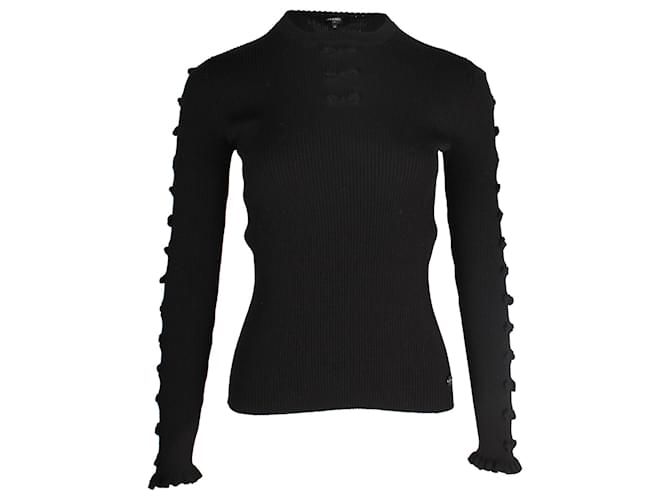 Classique Pull tricoté avec nœud à manches Chanel en laine noire  ref.1291732