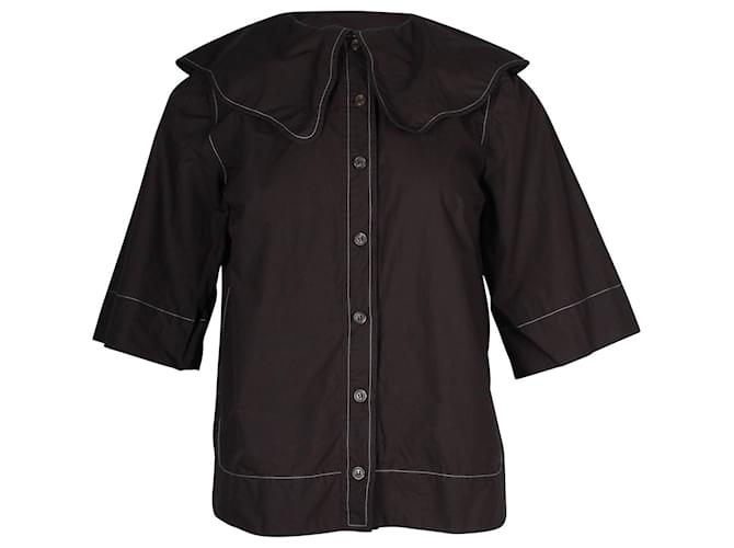 Ganni Bubi Collar Button-Up Bluse aus schwarzer Baumwolle  ref.1291819