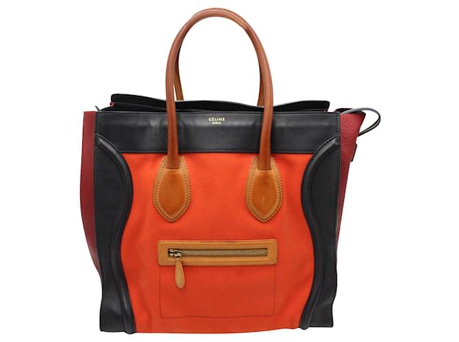 Luggage Céline Sac Cabas Celine Micro Bagage Tricolore en Toile et Cuir Rouge Orange Noir  ref.1291844