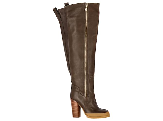 Chloé Chloe Wooden Heel Knee Boots in Brown Leather  ref.1291875