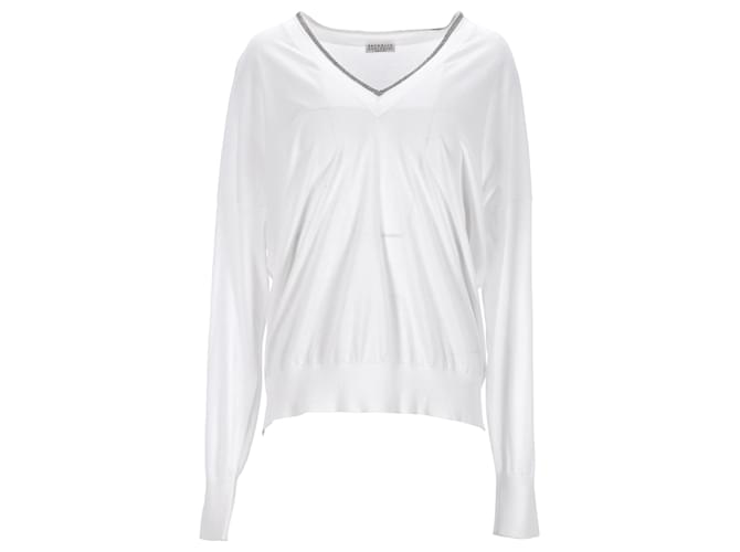 Brunello Cucinelli Monili V-Neck Sweater in White Cotton  ref.1291957