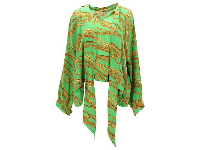 Camisa con cuello anudado y estampado de cadenas Balenciaga en seda verde  ref.1291966