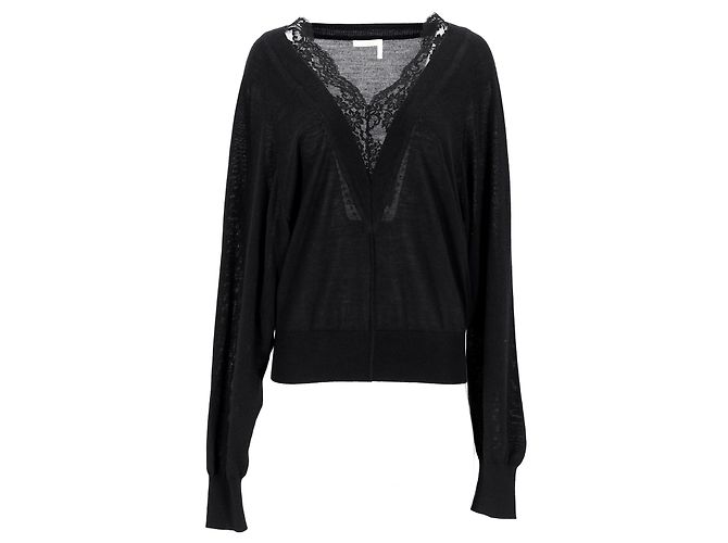 Chloé-Spitzenpullover mit V-Ausschnitt aus schwarzer Wolle