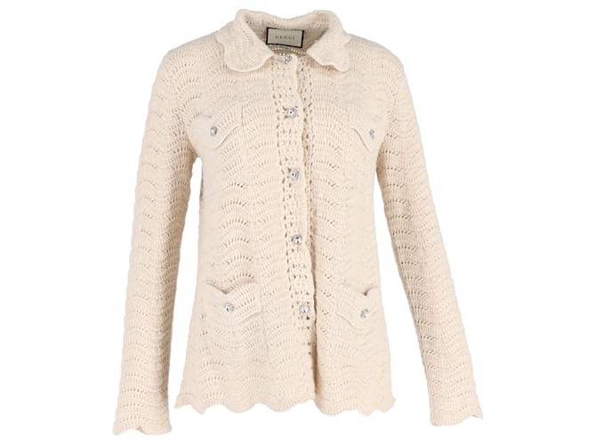 Gucci Crystal-Button Crochet Cardigan In Cream Wool White  ref.1291975
