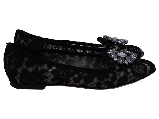 Dolce & Gabbana Sapatilhas de renda enfeitadas com cristal em viscose preta Preto Fibra de celulose  ref.1291977