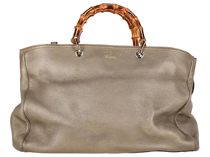 Gucci Metallic Large Bamboo Shopper Bag in Beige Leather  ref.1291988
